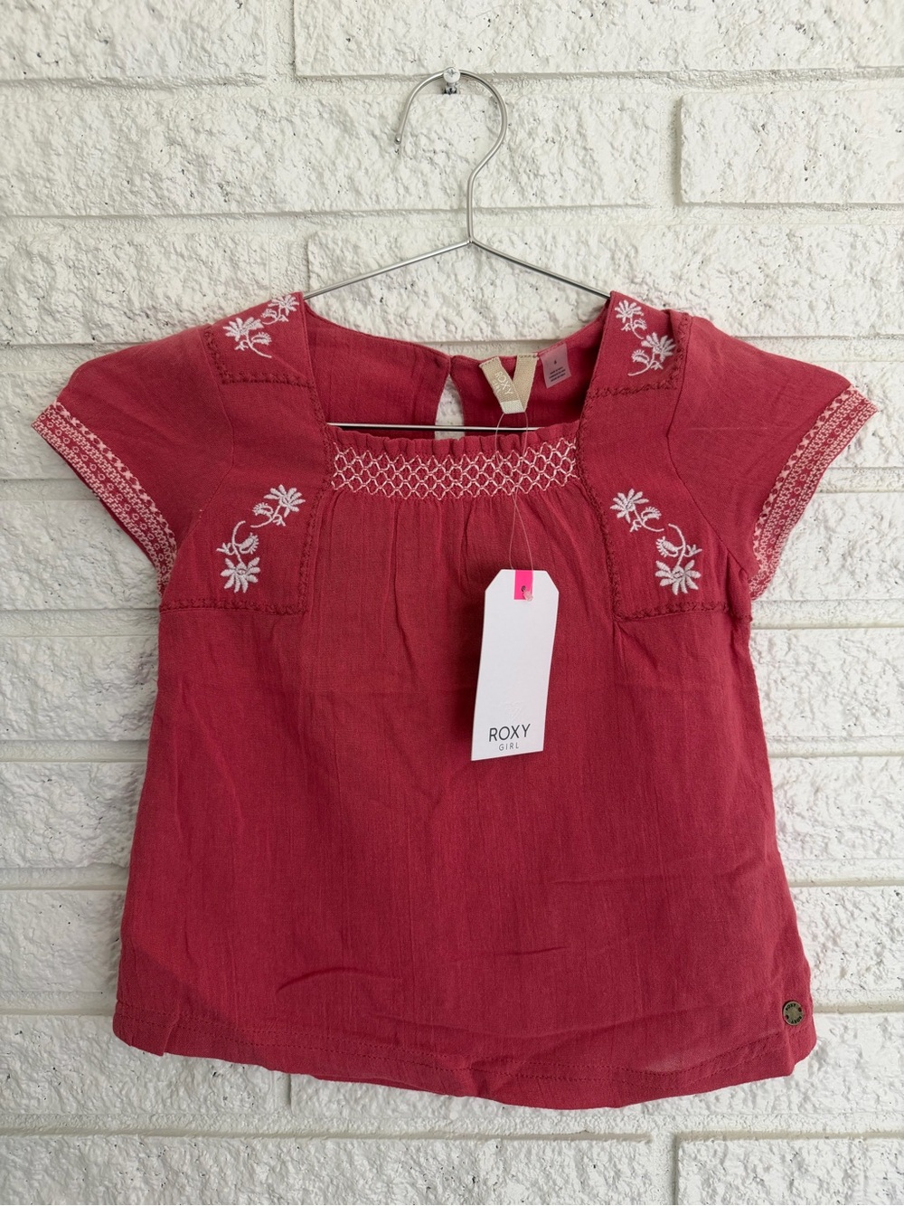 Roxy Girls Coral Pink Wholehearted Embroidered Short Sleeve Top